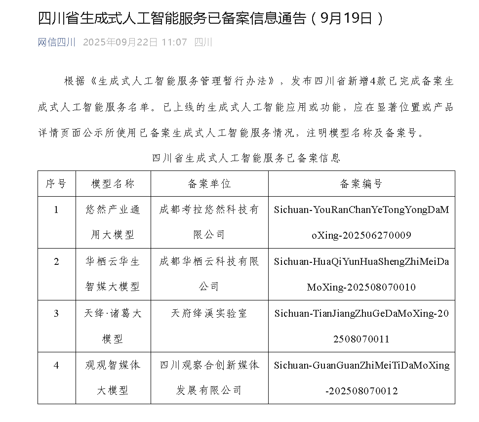 四川新增4款已備案的生成式人工智能大模型